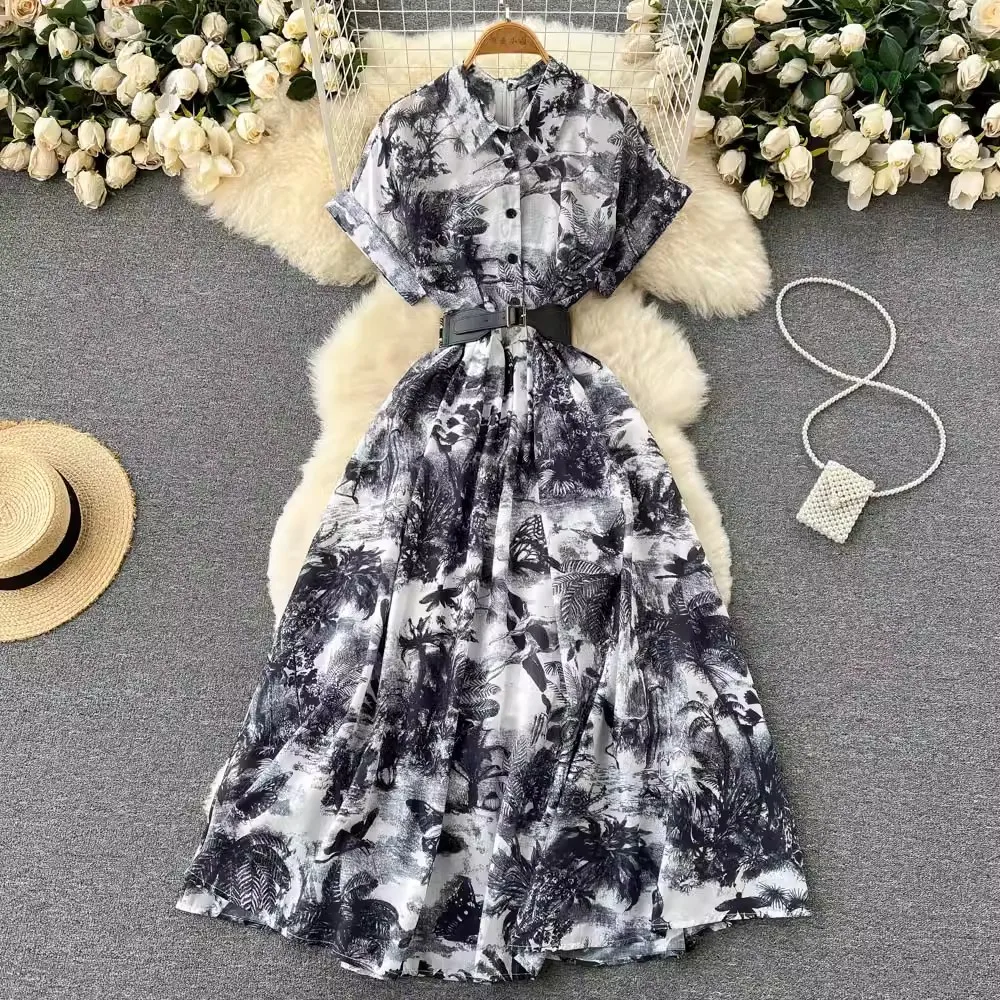 French Retro Shirt Dress Summer Women\'s Lapel Short Sleeve Elegant Vintage Print Single Breasted High Waist Belt Long Vestidos