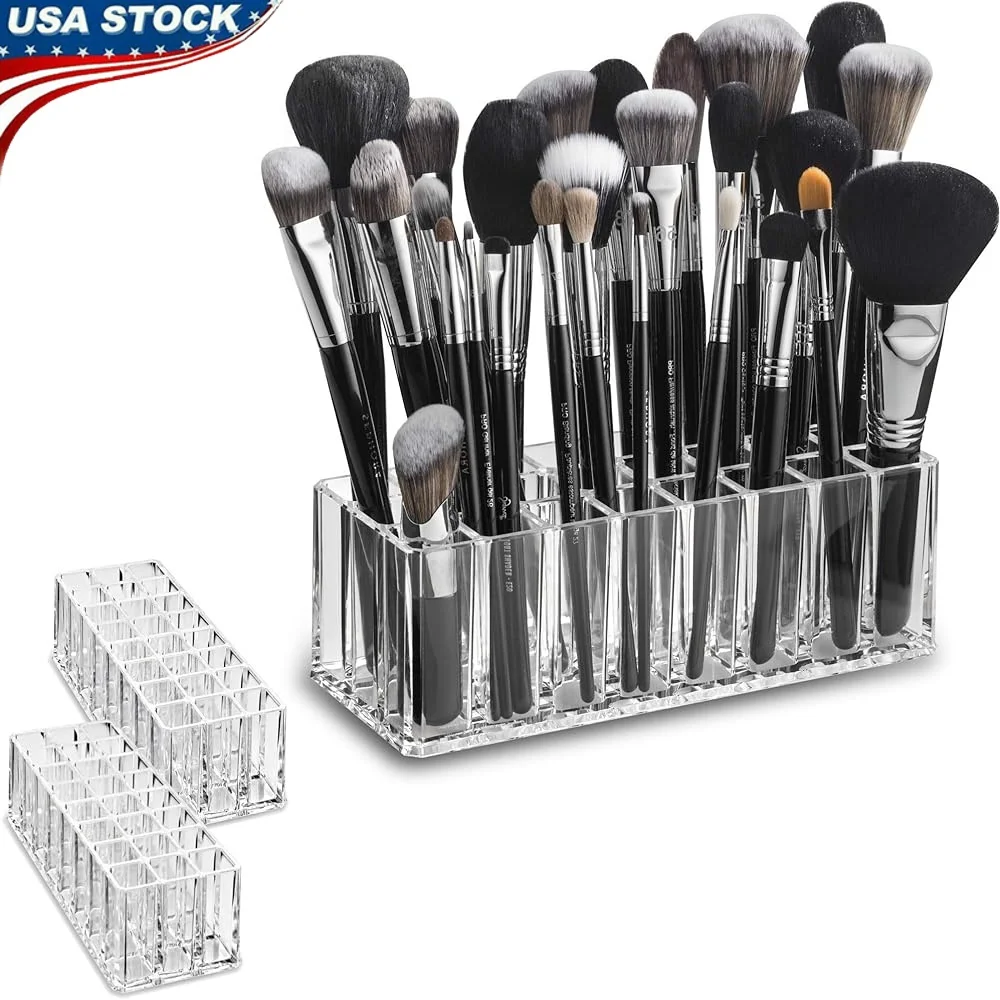 

Acrylic Makeup Brush Organizer Set of 2 24 Space Storage Deep Slots Cosmetic Brush Holder Refillable Container Durable Design