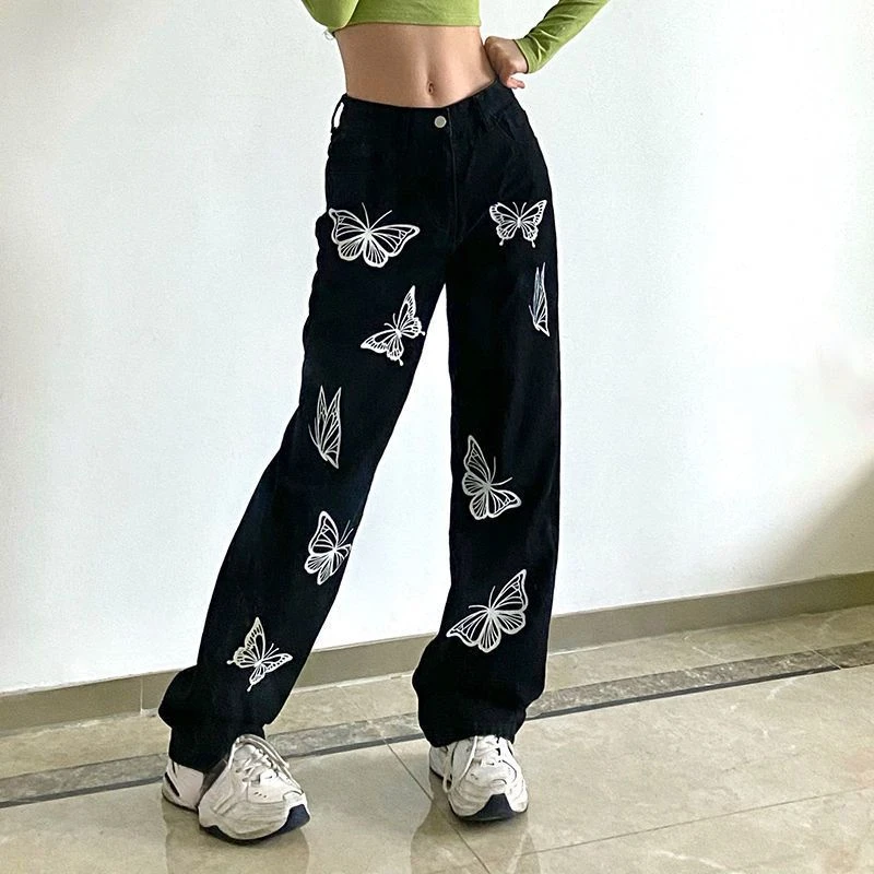 

High Waist Y2k Jeans Women Korean Pantalon Femme Chic Butterfly Print Wide Leg Pants Casual Streetwear Straight Denim Trousers