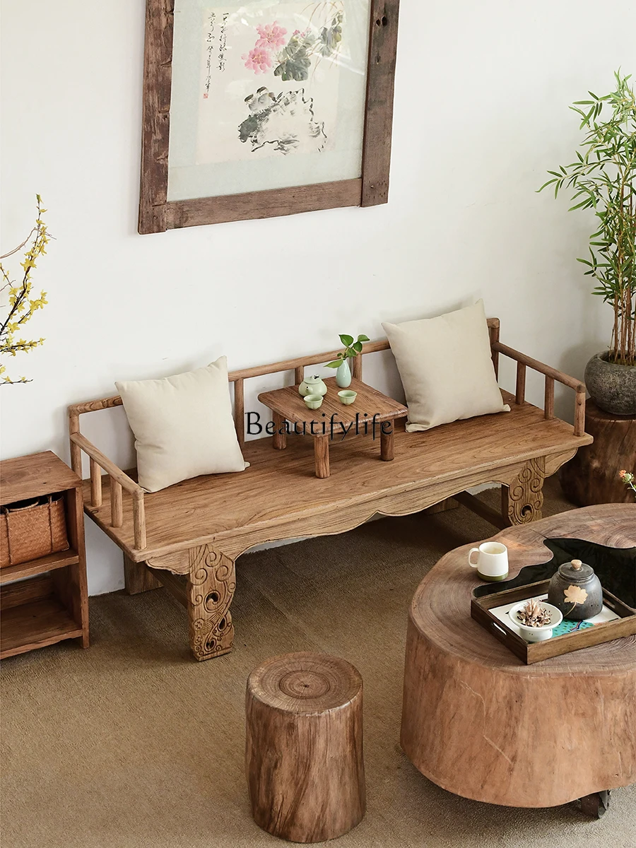 

Old Elm Wood Luohan Bed Door Panel Carved Weathered Vintage Solid Wood Sofa Recliner