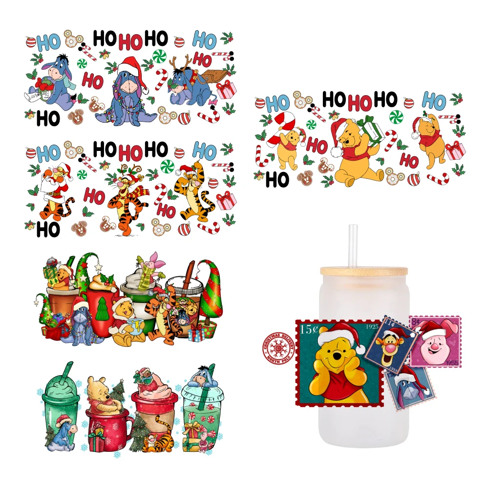 Disney Christmas winnie the pooh For Libbey 16oz Can Glass 3D Waterproof UV DTF Coffee Can Wrap Libbey Glass Wrap