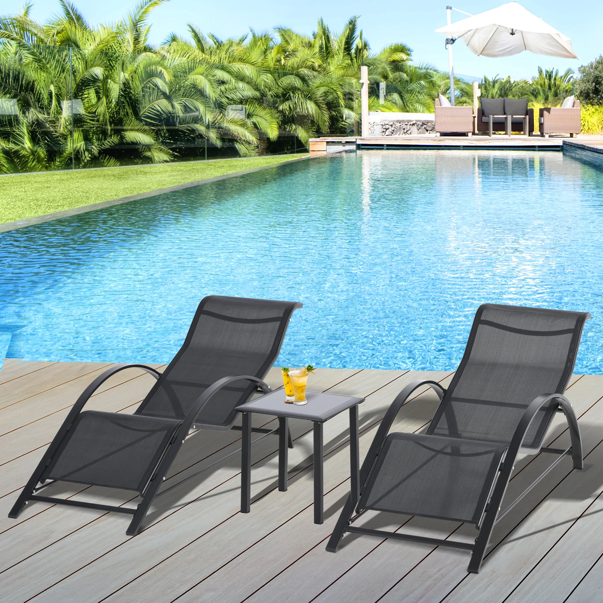 Outsunny 2 Tumbonas de Jardín 59x169x66cm con Mesa de Café 41x41x45cm Patio