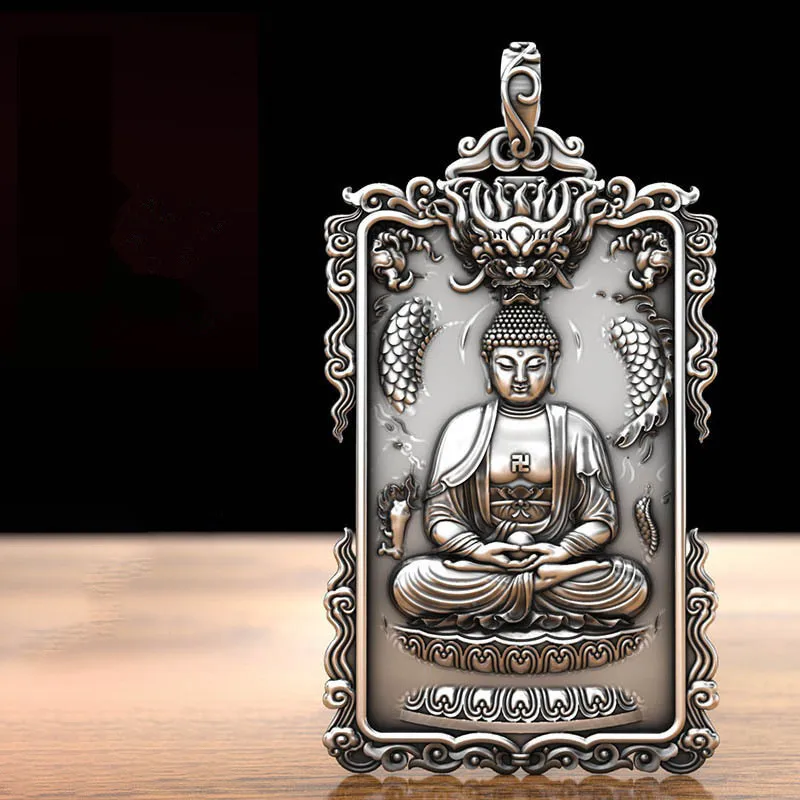 Buddha Amitabha Avalokitesvara Bodhisattva Pendant Male Jewelry Trendy Guardian Silver 925 Chain Necklace For Men Women Amulet