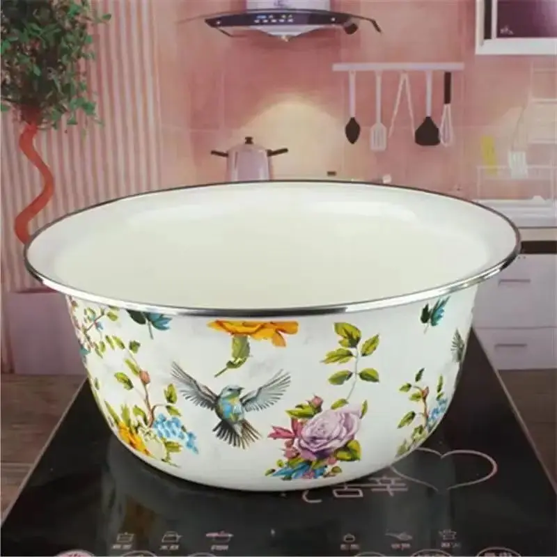 Extra Thick Enamel Mixing Bowl Multi-Purpose Deep Basin for Vegetables Flavor Jars Kitchen Plate Tray Enamelware