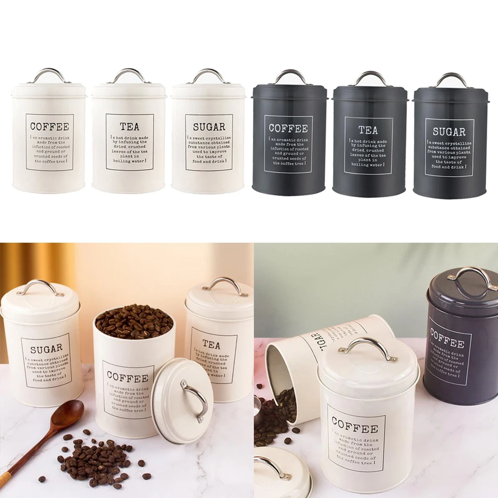 Coffee Sugar Container Sets Decor Lid Farmhouse Set of 3 Metal Tea Coffee Sugar Storage Jars Canister Bin Pot Kitchen Container