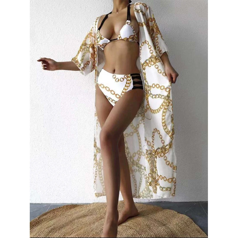 2022 Newest high Waist Brazilian Bikini Women 3 Piece Swimsuit With Beach Skirt Set Female Bathing Suit With Cover Up Bikini Set