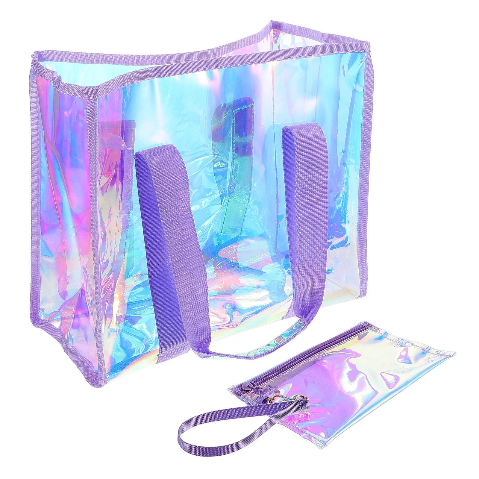 1Set Large Capacity Waterproof Beach Tote Bag Women's Holographic PVC Pool Tote Clear Travel Bag for Summer Outings Storage
