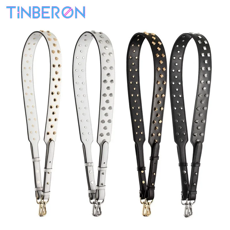 TINBERON-Bolsa de couro genuíno, ajustável, larga, tiracolo, moda, rebites de metal, acessórios para bolsa, cinto, alças de ombro