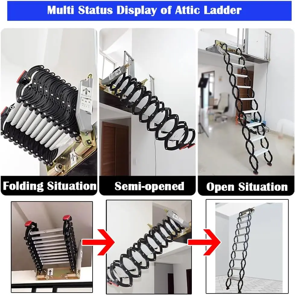 Intbuying Attic Loft Ladder Al-Mg Alloy Narrow Wall-Mounted Folding Ladder Stairs 8.2-9.8Ft Vertial Height 10+2=12 Pedals