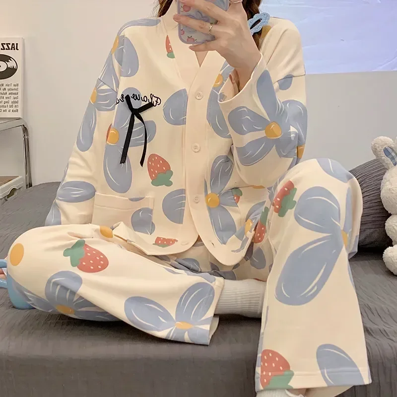 Pijama de manga larga para mujer, ropa de dormir femenina con estampado largo de otoño, conjunto de piezas de flores suaves a la moda para primavera, conjunto de algodón para mujer 2