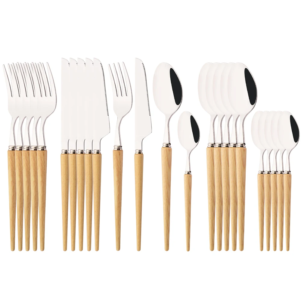 6/24Pcs New Wooden Handle Dinnerware Cutlery Set Stainless Steel Tableware Knife Fork Tea Spoons Silverware Western Flatware