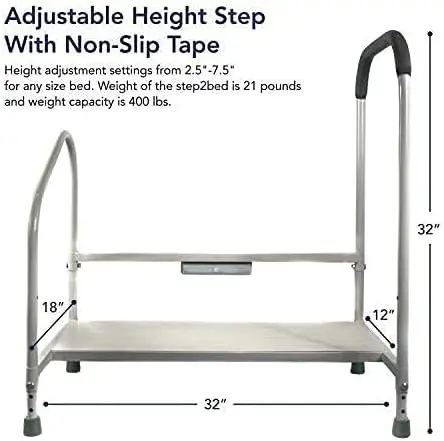 Bed Rails For Elderly with Adjustable Height Bed Step Stool & LED Light for Fall Prevention - Portable Medical Step