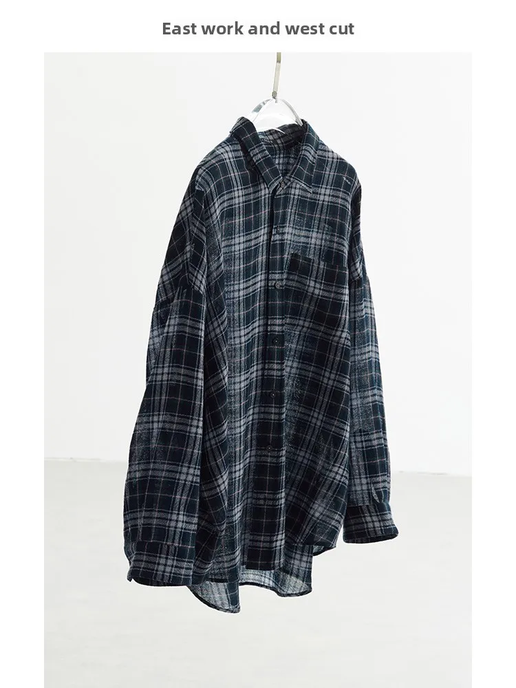 

New Oversize Women's Long Sve irt Casual Slimming Plaid Color Woven Loose Top Windproof Woolen Material Collar Button