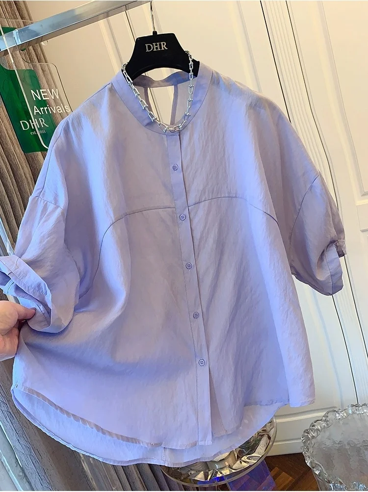 

Chic Purple Knot Ba Loose ort Sve Women's irt Korean Sle Summer 2025 Casual Versatile Top Thin Material round Ne