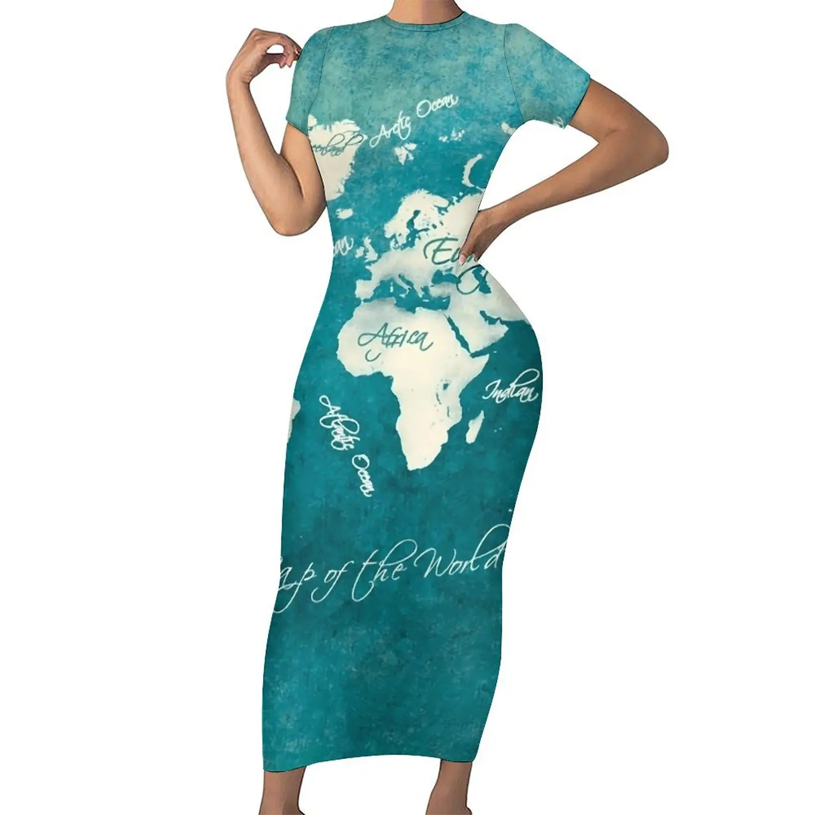 

World Map 2020 Dress Short Sleeve Map of The World Korean Fashion Maxi Dresses Sexy Bodycon Dress Women Custom Big Size Clothes