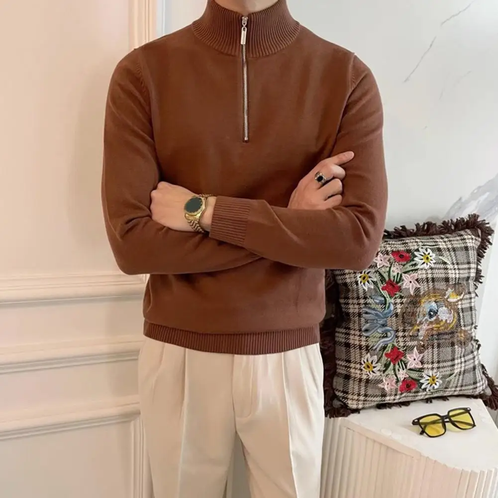 

Fall Winter Men Sweater Zippered Half-high Collar Long Sleeves Top Retro Knitted Thick Warm Pullover Stretchy Knitwear