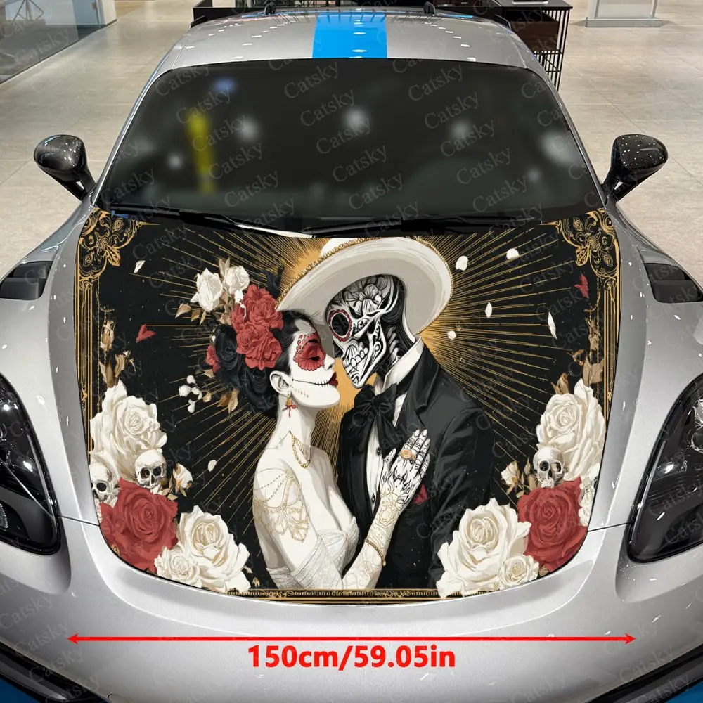 Tattooed Skull Couple Car Vinyl Wrap, PVC Waterproof Car Hood Sticker, Self-Adhesive Scratch-Resistant Stickers