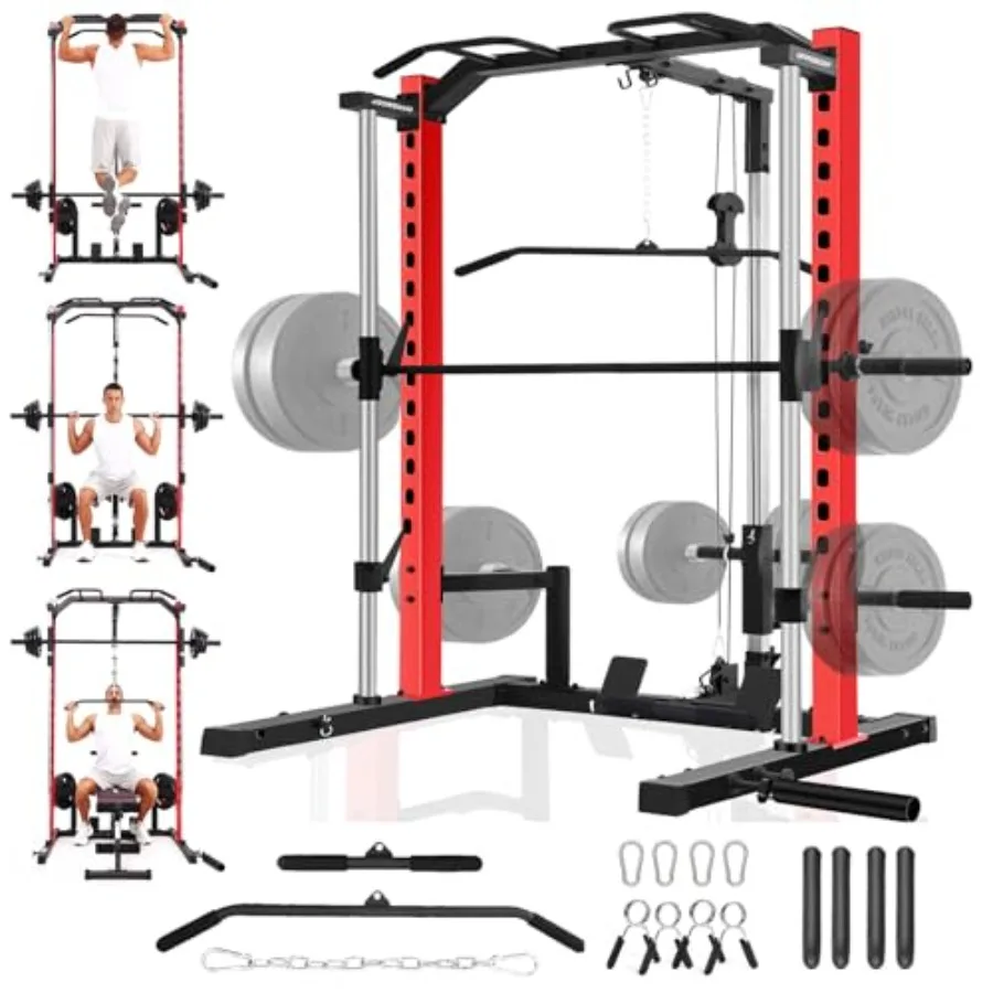 

Многофункциональная силовая стойка-тренажер Смита с системой тяги вниз (LAT Pull Down), турником, держателями для штанг и дисков, а также другими тренировочными аксессуарами