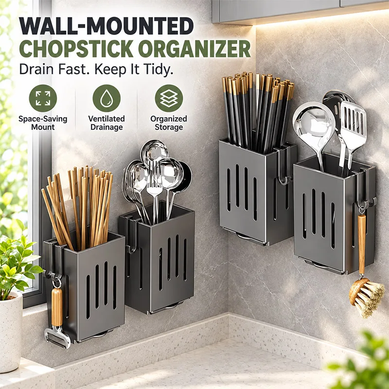 1pc/2pcs Chopstick Storage Box Wall-mounted Chopstick Cage Kitchen Rack Household Drain Spoon Chopstick Barrel Cutlery Organizer