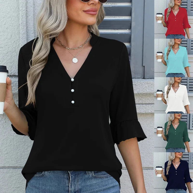 

2025 Новая осенняя женская однотонная модная повседневная футболка, топы, рубашка