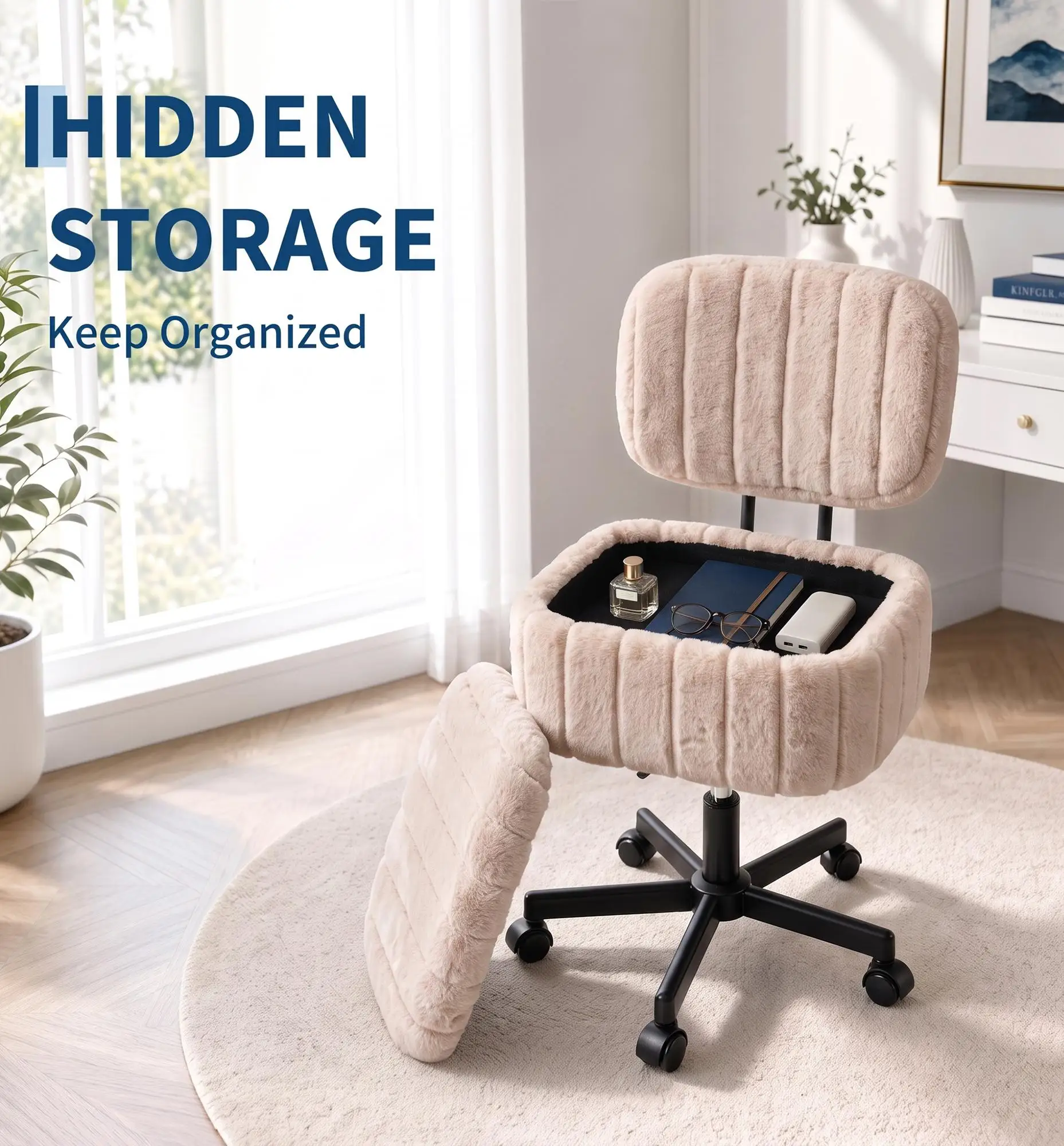 Adjustable Height Vanity Chair With Backrest 360 Degree Swivel Rolling Makeup Desk Chair Soft Velvet Upholstery Metal Base For Bedroom Or Dressing Room