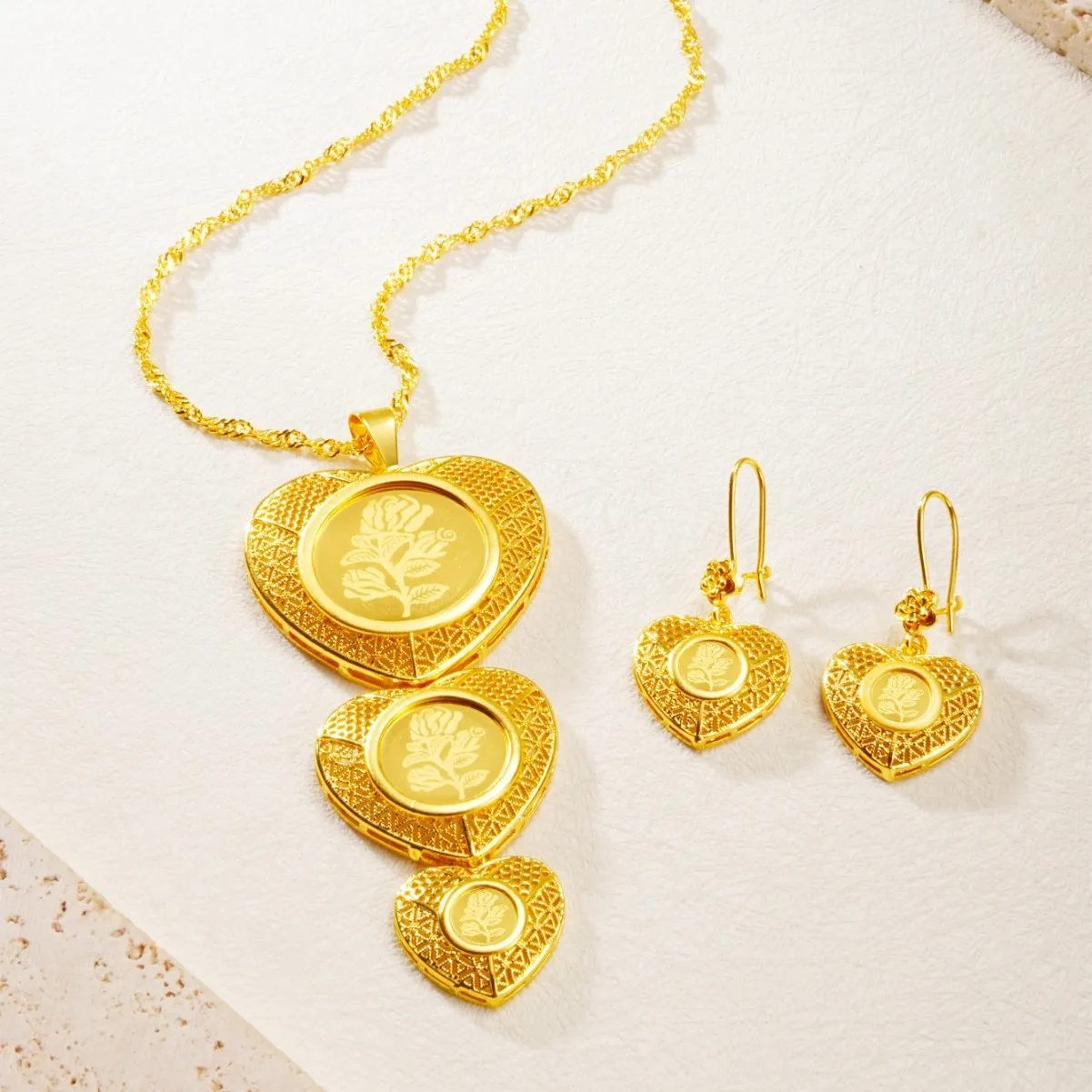 9999 Gold Rose Pattern Heart Pendant Luxury Jewelry Set for Brides, Necklace and Earrings