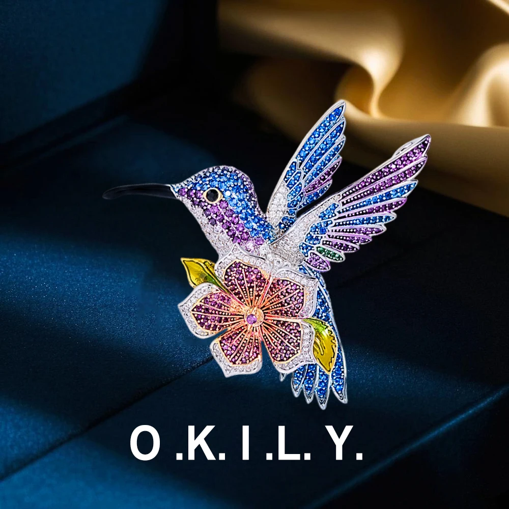 OKILY New Enamel Color Hummingbird Flower Brooches Pins Retro Shining Zirconium Animal Corsage for Dress Suit Accessories Broche