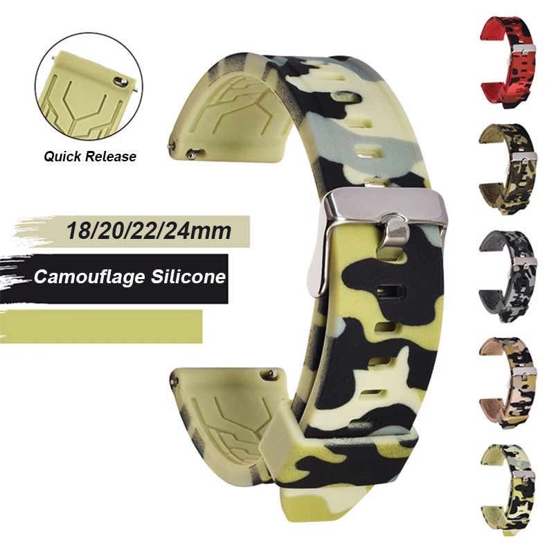 18mm 20mm 22mm 24mm Camouflage Silicone Strap Quick Release Waterproof Sport Watch Band Bracelet for Huawei Samsung Galaxy