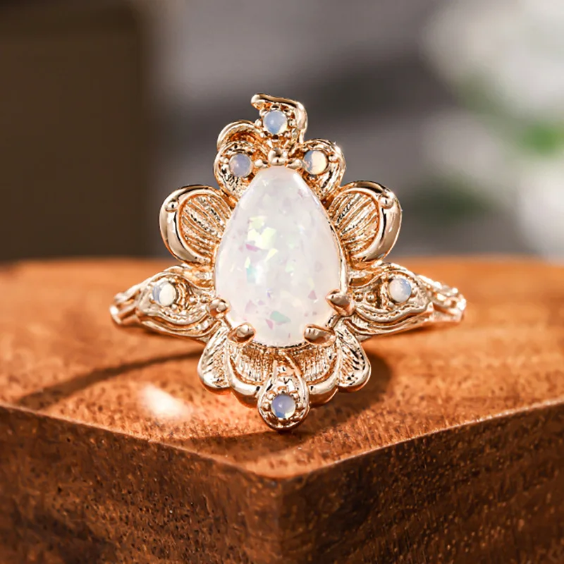 European American Flower Droplet Geometry Korean Edition Accessories Australian Treasure Line Texture Leaf Vacation Style Ring