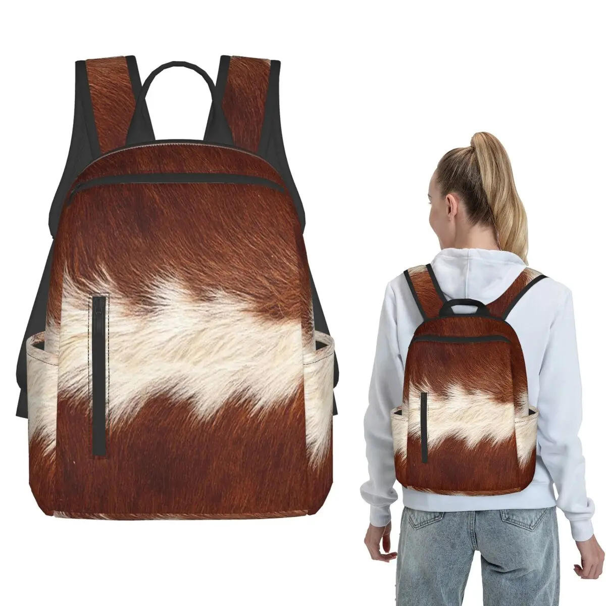 Stylish Cow Fur Cowhide Texture Cow Skin Print Pattern Backpack Large Capacity Boys Girls BookBag School Bag Shoulder Bags