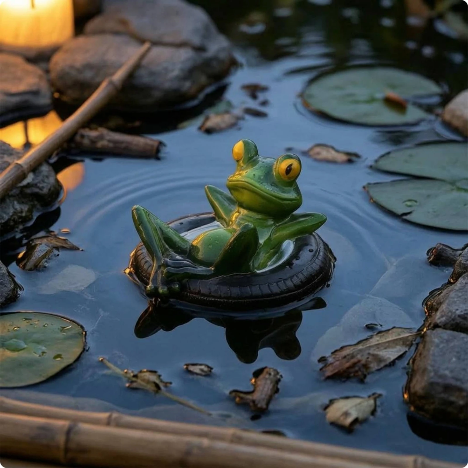 

Frog on Tire Base Glossy Floating Frog Ornament Whimsical for Aquarium