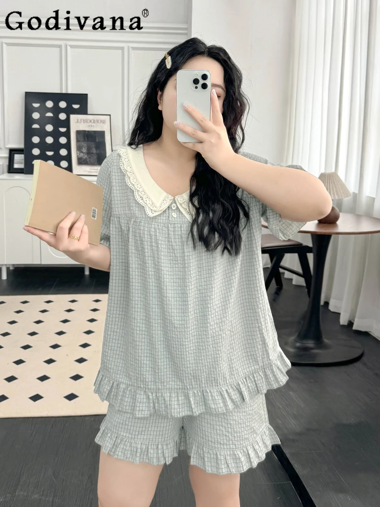 

Contrasting Color Peter Pan Collar Short-sleeved Shorts Loungewear Sets Elegant Lace Summer New Girls Sweet Age-reducing Pajamas