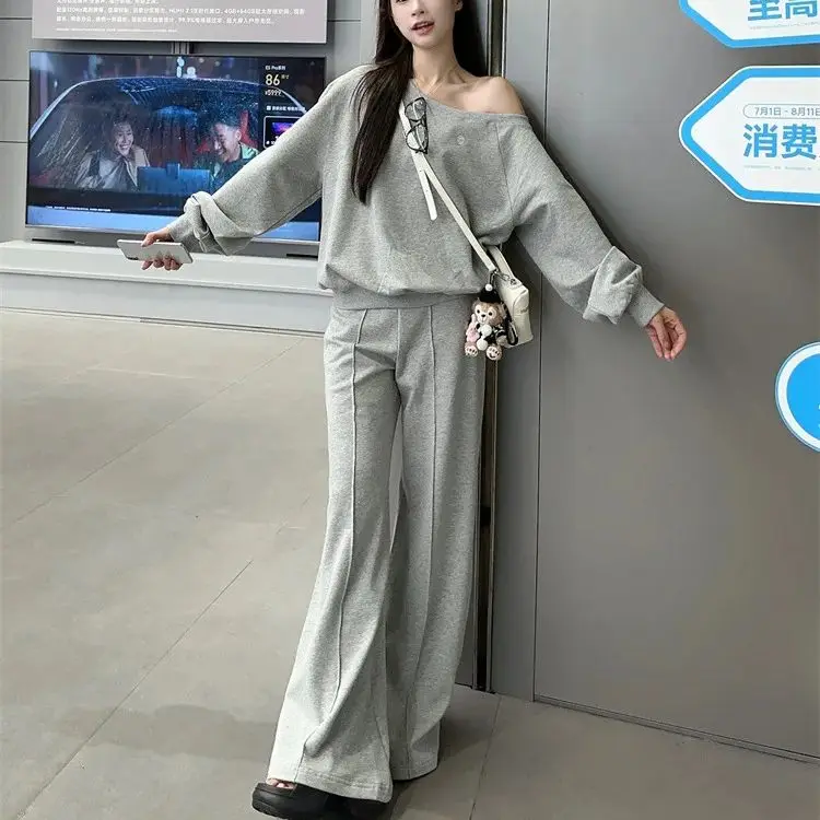 2024 new Korean style suit off-shoulder shoulder loose pullover sweater long sleeve lazy and relaxed top