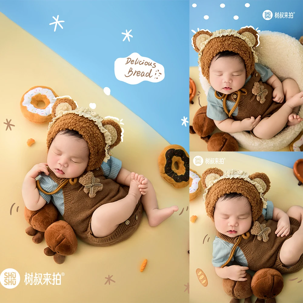 Newborn Photography Props Baby Clothing+knitted Bear Ear Hat Set Plush Chef Bear Doll Baking Props for Studio Photographer Photo