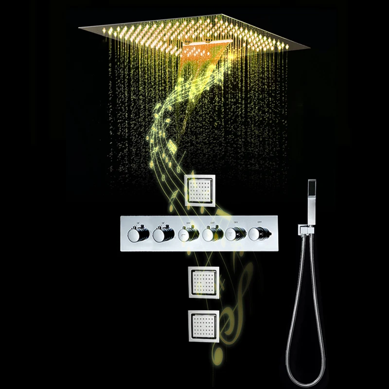 

MBoenn 5 Functions Waterfall Shower System Set Embedded Ceiling LED Rain Shower Head Bathroom Thermostatic Faucet Mixer Bath Tap