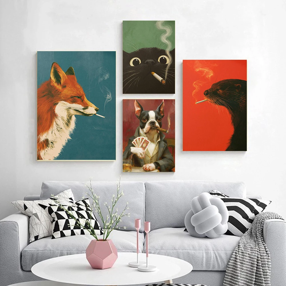 Vintage Funny Animal Smoking Poster Doberman Black Cat Otter Bar Cart Quirky Prints Canvas Painting Wall Picture Home Room Decor
