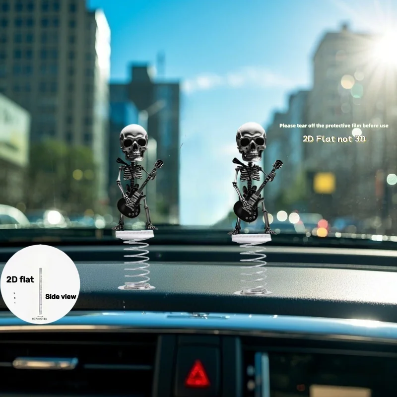 Skeleton Guitar 2D Flat Acrylic Spring Shaker Ornament Car Dashboard Office Desktop Festive Decor Ideal Halloween Christmas Gift