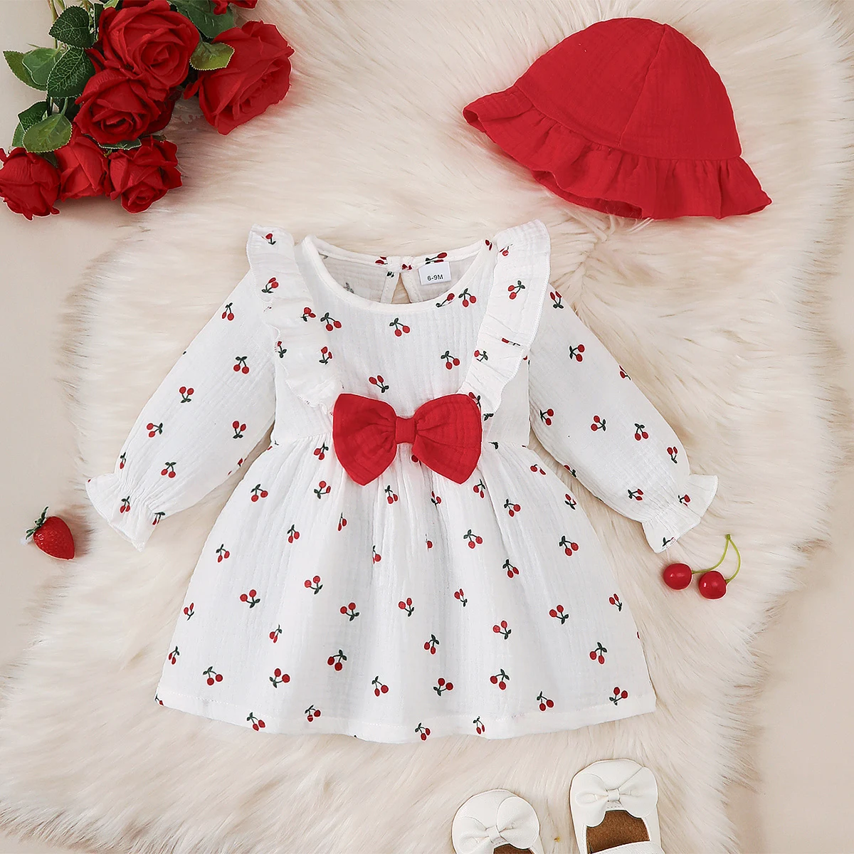 2Pcs Baby Girl Dress Outfit Set Sweet Cute Ruffle Heart Print Princess Dress+Bow Headband For 0-3 Years Old Autumn Infan Clothes
