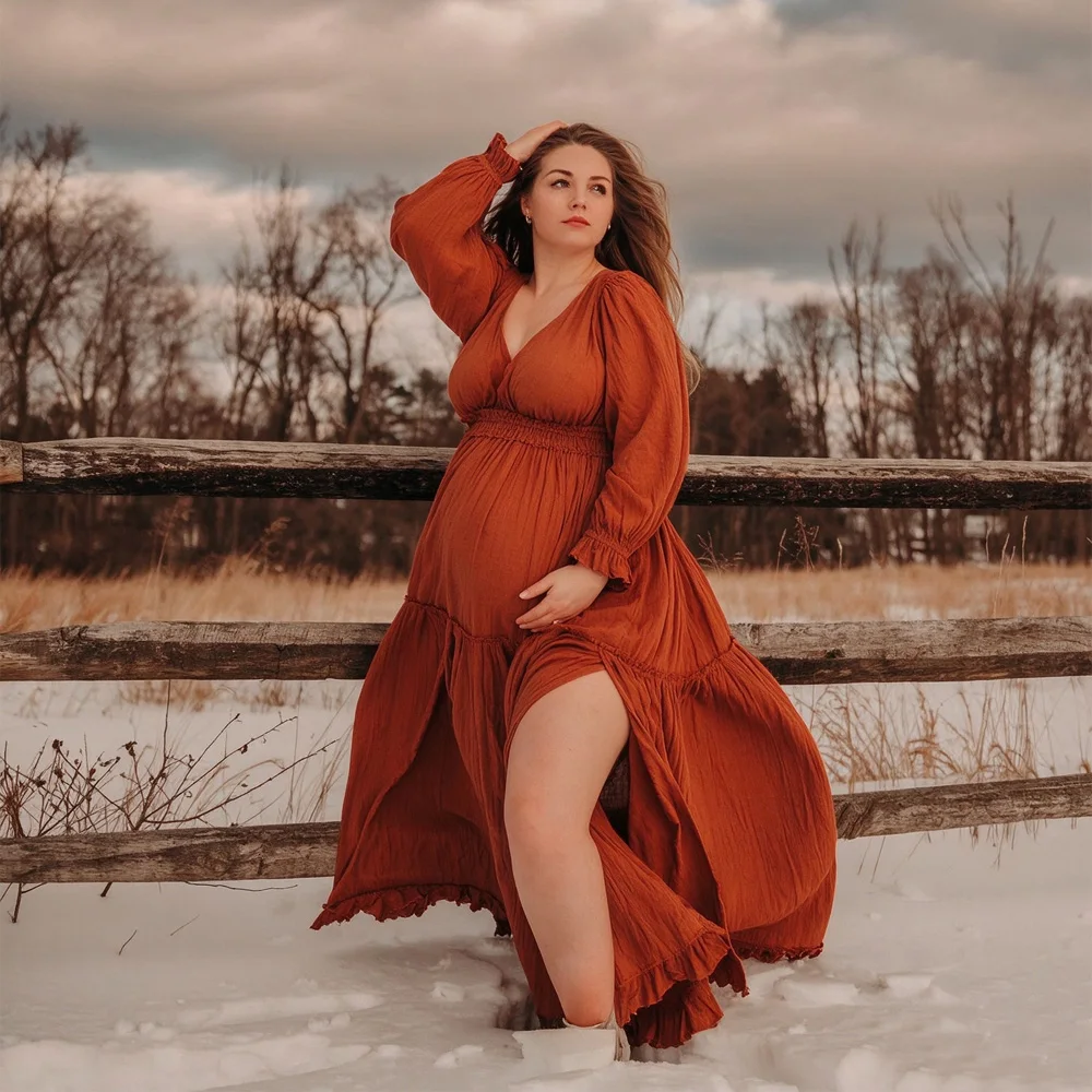 Boho Cotton Maternity Gown V-Neck Long Sleeve Ruffle Tiered Flowy Maxi Dress For Pregnant Women Photoshoot Baby Shower