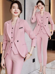 Women Formal Blazer Vest and Pant Suit Autumn Winter Navy Pink Apricot Office Ladies Business Work Career Wear 3 Pieces Set