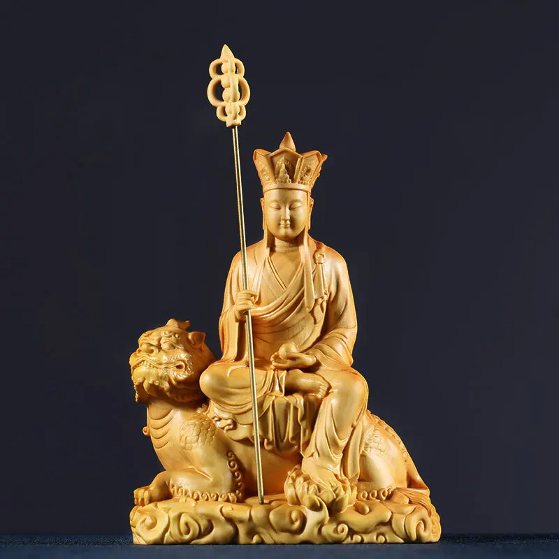 

4.5" Chinese Box-wood Hand-carved Ride Beast Ksitigarbha Boddhisattva Statue