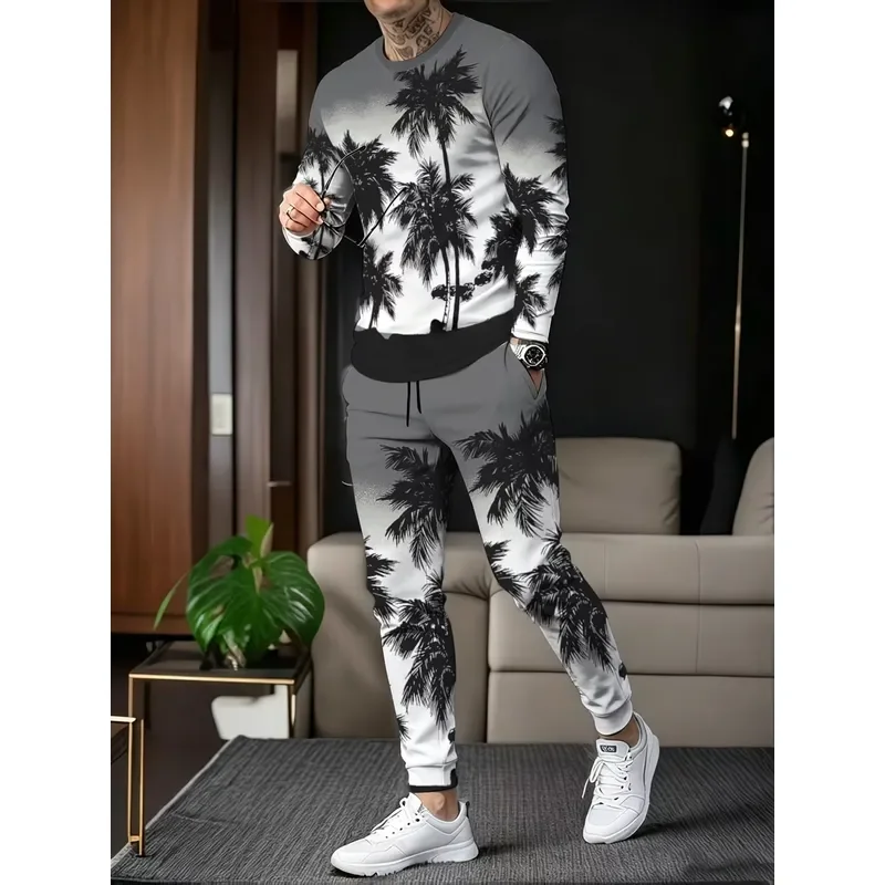 Men Sweatshirt Round Neck 3D Coconut Tree Pattern Printed Simple Casual Fashion Comfortable Soft Autumn Winter New Style Top