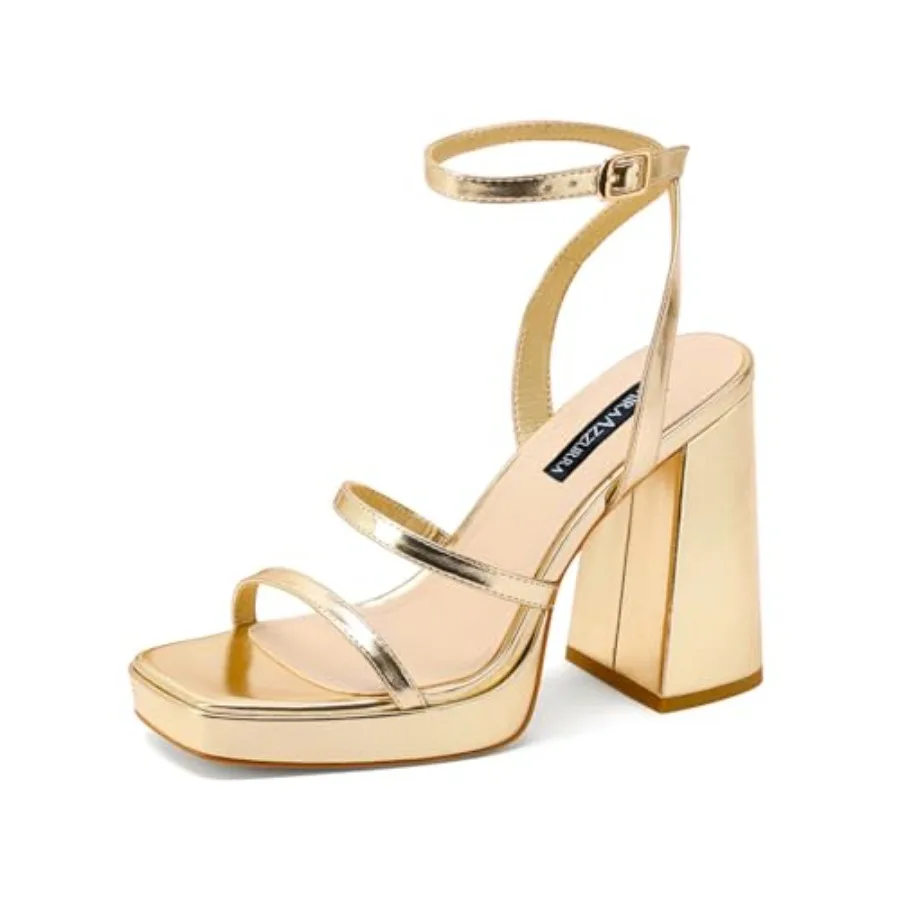 

Platform Strappy Heel Sandals Square Open Toe Two Strap Chunky High Heeled Sandals with Buckle Ankle Strap for Women Party Wedd