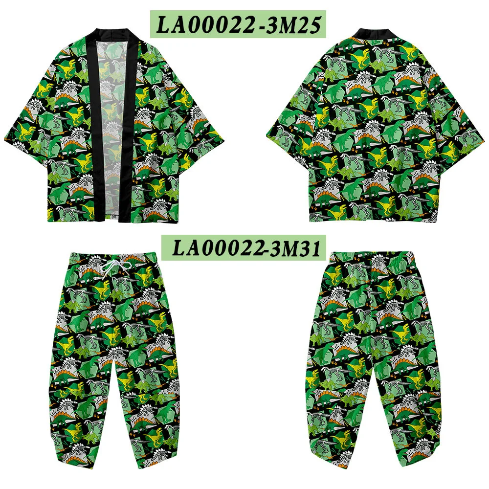 

Dinosaur Print 2pcs Suit Plus Size Loose Japanese Samurai Harajuku Kimono Cardigan Women Men Cosplay Yukata Tops Pants Set