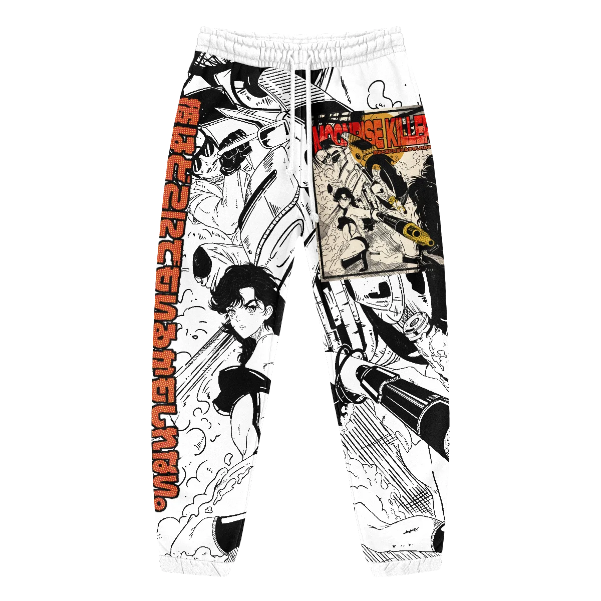Retro Black-white Comic-style Joggers Featuring Anime-style Action Girl Print Drawstring Waist Y2K Streetwear-style Unisex Pants