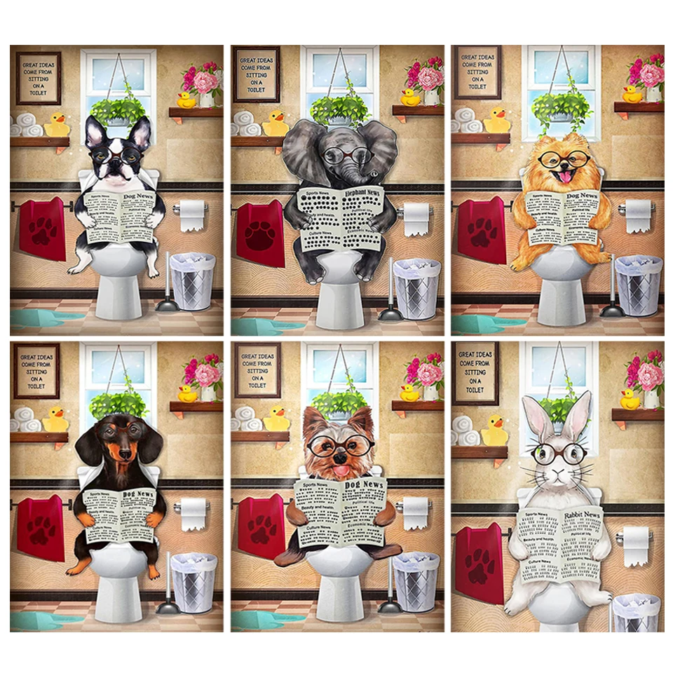 5D Diamond Embroidery For Toilet Animal Diamond Painting Bathroom Dog Cross Stitch Kits Modern Funny Picture Home Decor Gift