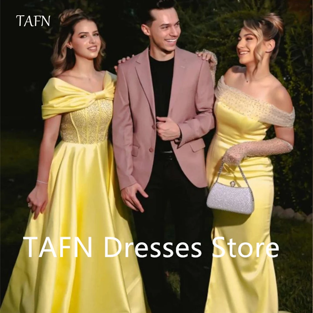 TAFN Elegant Yellow Mermaid Evening Dresses For Wedding Party Guest Off Shoulder Mixed Style Bridesmaid Dress Customized