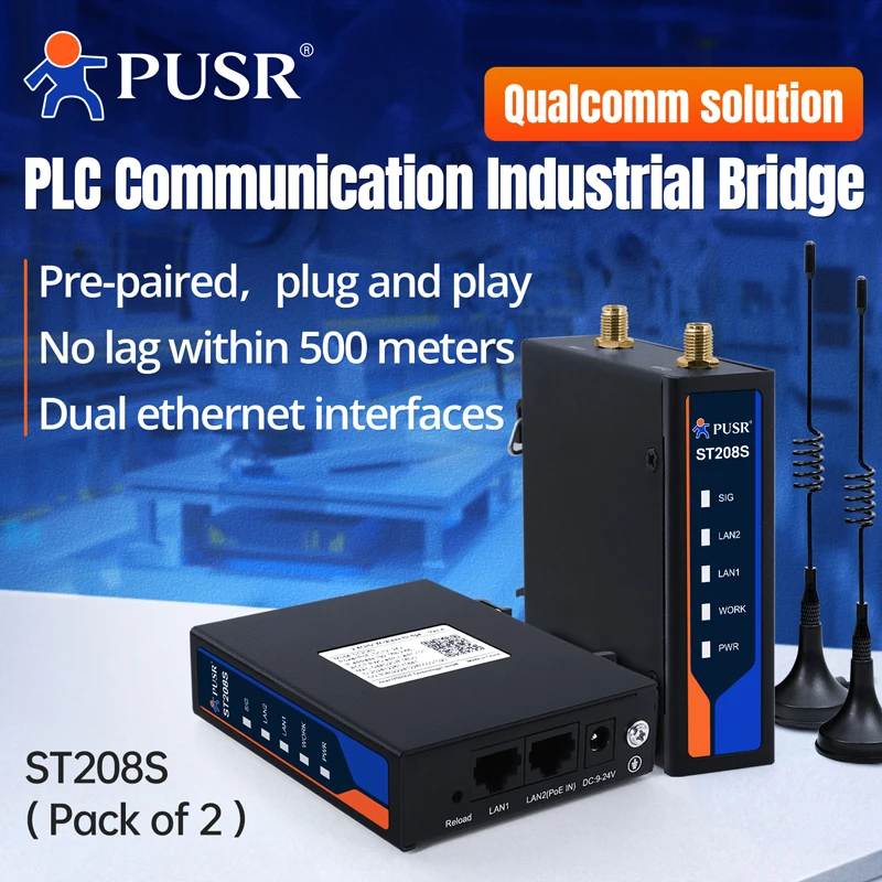 PUSR Industrial 2.4GHZ Point to Point 500m Wireless Bridge for PLC Qualcomm Plug and Play 2-Pack External Antenna Version ST208S