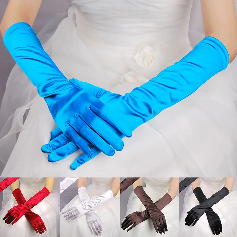 Guantes formales de fiesta de noche para mujer, manoplas de dedo largo de satén de Color sólido para eventos de boda, guantes Vintage rojos, negros