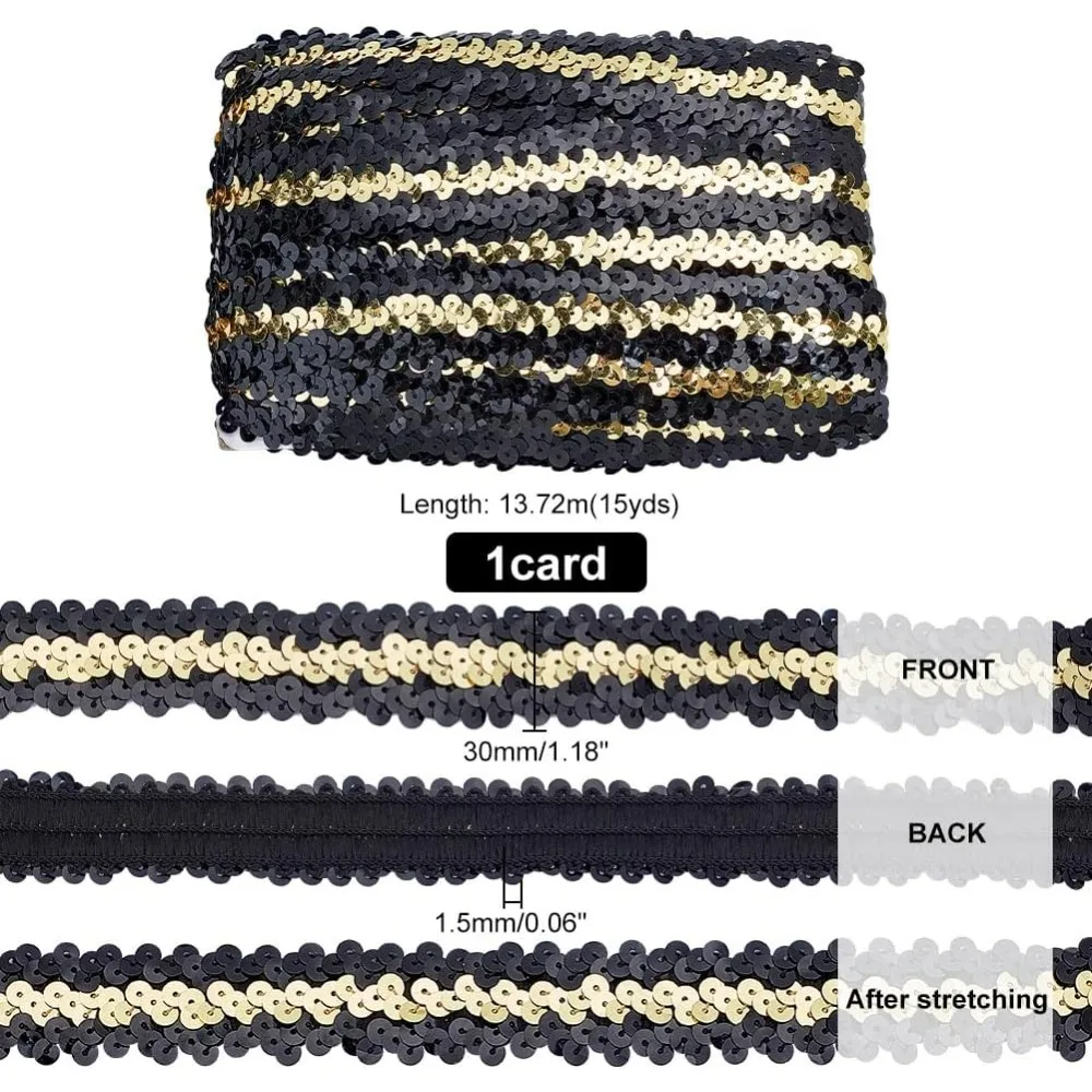 15 Yards Sequin Ribbon Trim 30mm Sequin Elastic Trim Black Golden Sequin Elastic Trim Glitter for Crafts